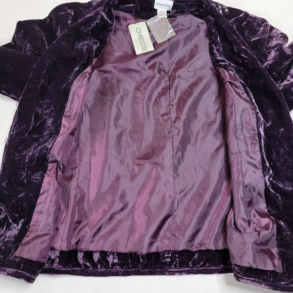 New Chicos Lula Jacket Purple Crushed Velvet Embroidered Beaded Blazer Size 2 - Picture 11 of 11